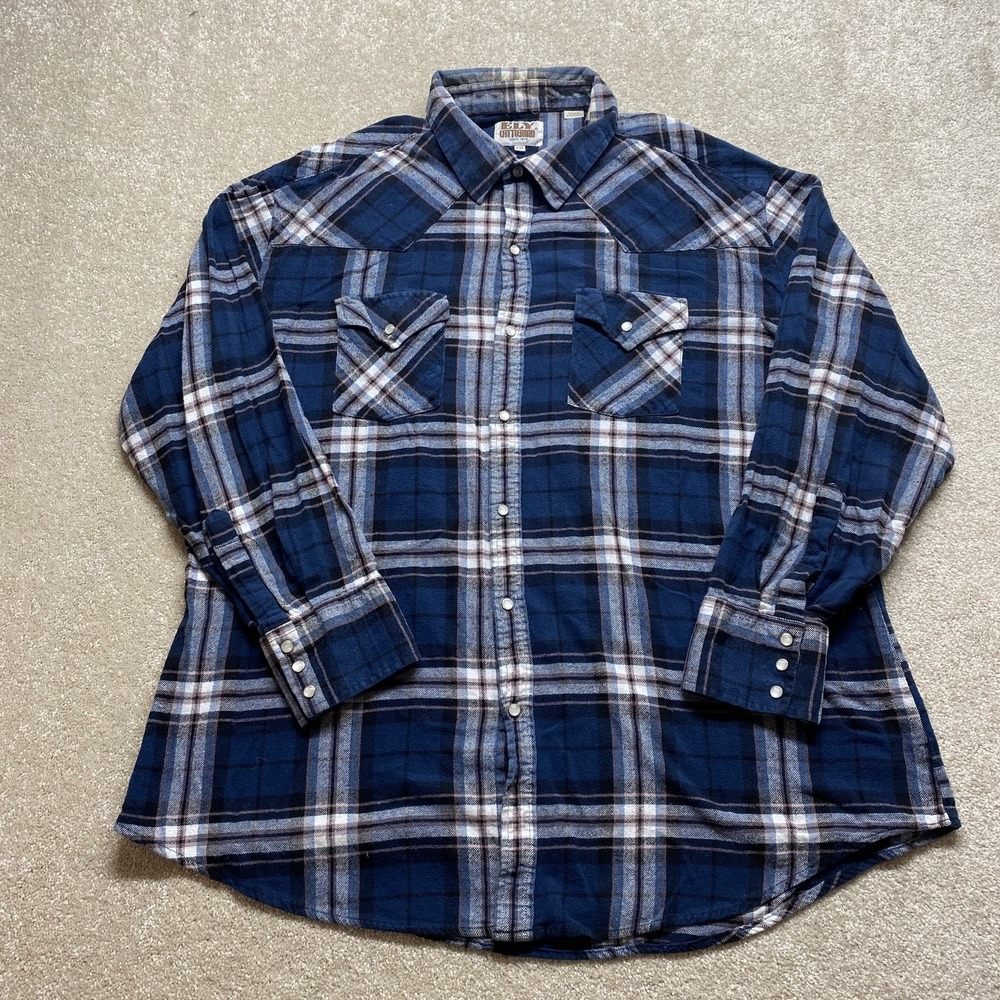 Ely Cattleman Shirt Mens 2XL Blue Pearl Snap Flannel Plaid Western Cowboy